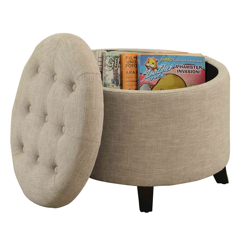 Pemberly Row Round Ottoman in Off White Tan Upholstery with Wood Legs
