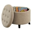 Pemberly Row Round Ottoman in Off White Tan Upholstery with Wood Legs