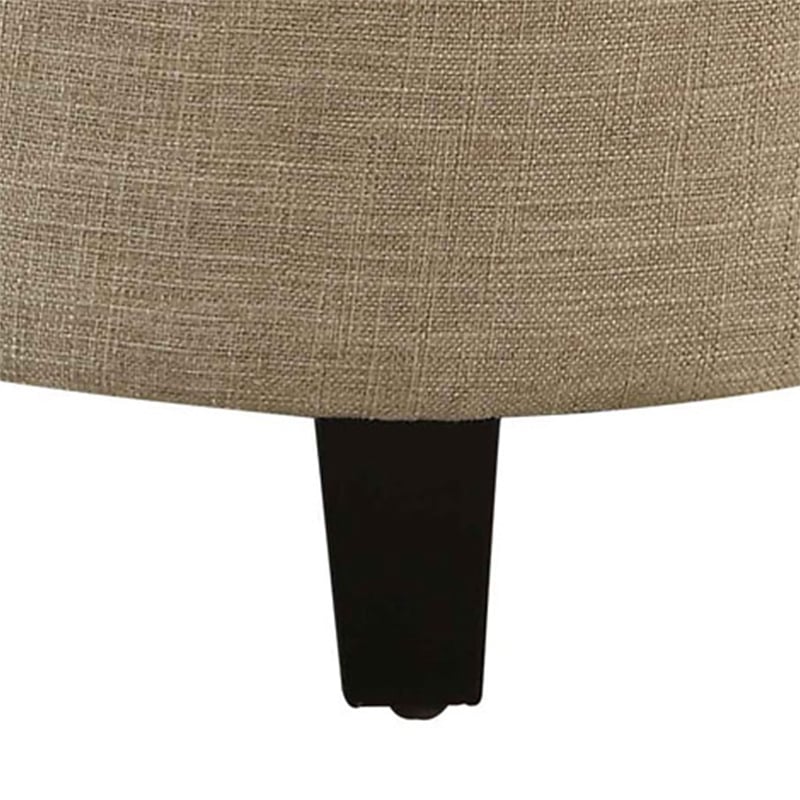 Pemberly Row Round Ottoman in Off White Tan Upholstery with Wood Legs
