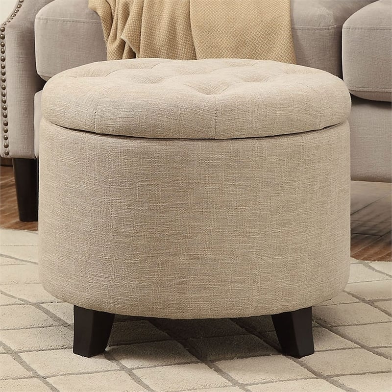 Pemberly Row Round Ottoman in Off White Tan Upholstery with Wood Legs