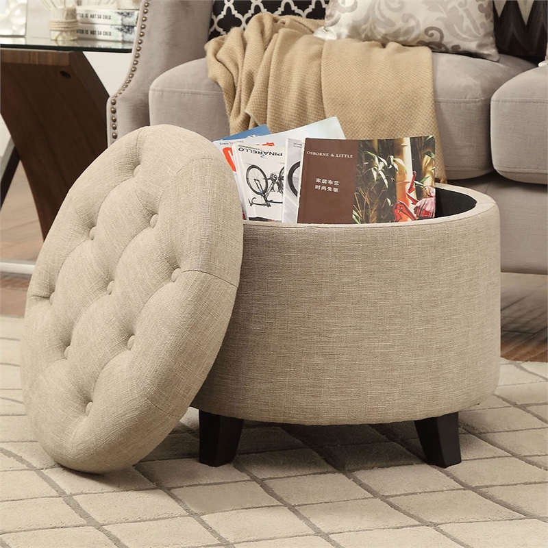 Pemberly Row Round Ottoman in Off White Tan Upholstery with Wood Legs