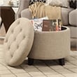 Pemberly Row Round Ottoman in Off White Tan Upholstery with Wood Legs