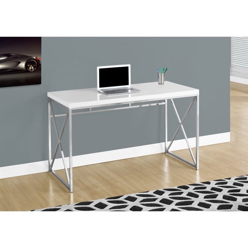 Pemberly Row Home Office Computer Desk in Metal Laminate Glossy White Chrome