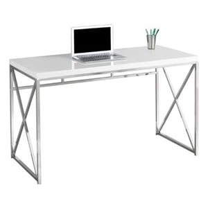 Pemberly Row Home Office Computer Desk in Metal Laminate Glossy White Chrome