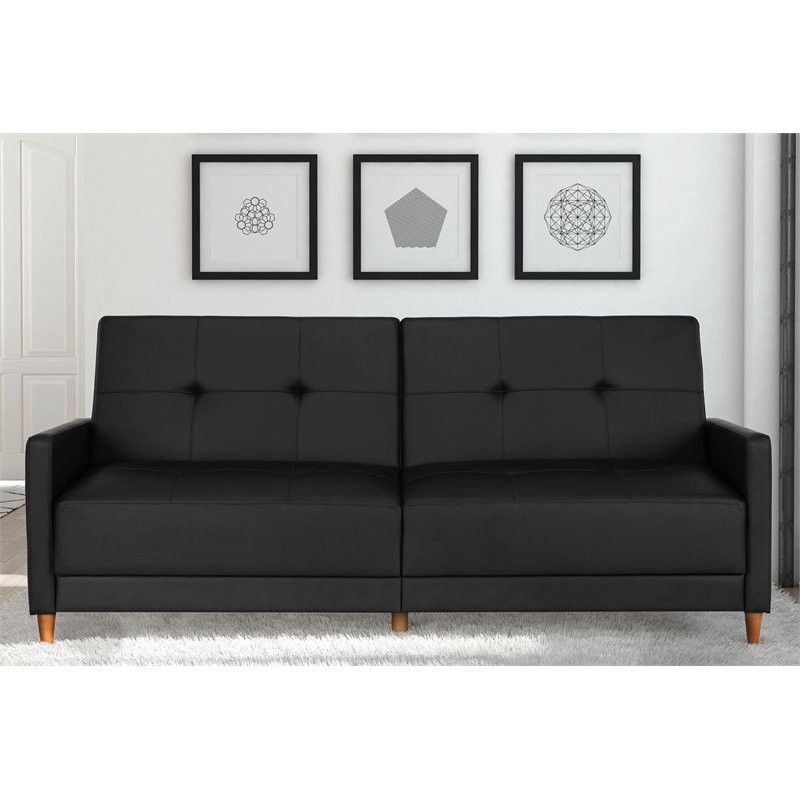 Pemberly Row Coil Faux Leather Convertible Sofa in Black Finish