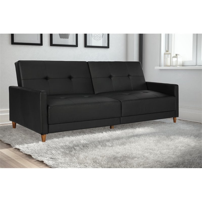 Pemberly Row Coil Faux Leather Convertible Sofa in Black Finish