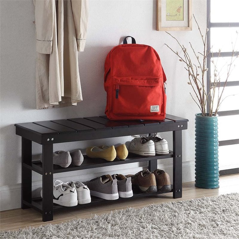 Pemberly Row Utility Mudroom Entryway Bench in Black Wood Finish