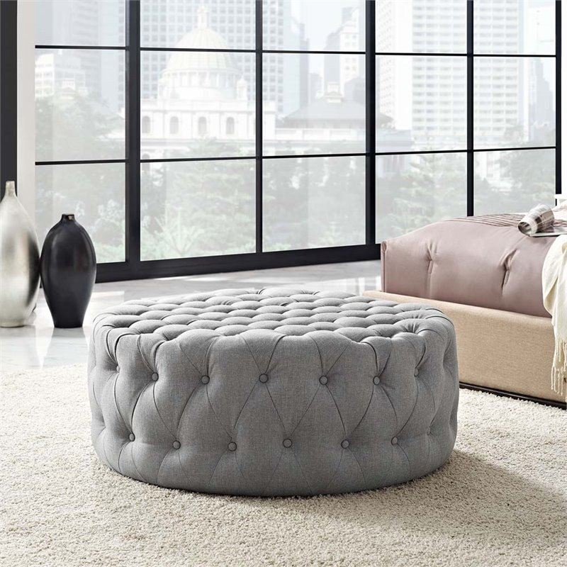 Pemberly Row Modern Upholstered Fabric and Solid Wood Ottoman in Light Gray