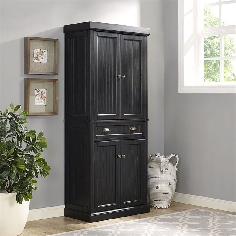 Pemberly Row Modern 4 Door Wood Coastal Pantry in Distressed Black