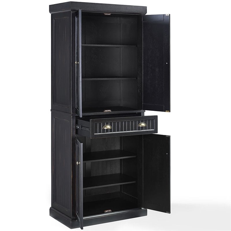 Pemberly Row Modern 4 Door Wood Coastal Pantry in Distressed Black