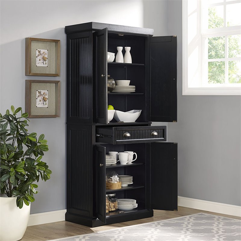 Pemberly Row Modern 4 Door Wood Coastal Pantry in Distressed Black
