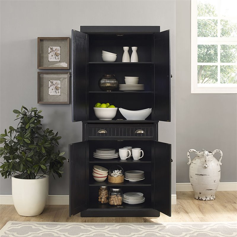 Pemberly Row Modern 4 Door Wood Coastal Pantry in Distressed Black