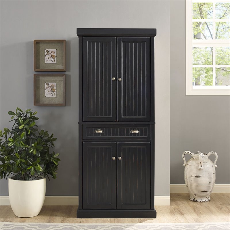 Pemberly Row Modern 4 Door Wood Coastal Pantry in Distressed Black