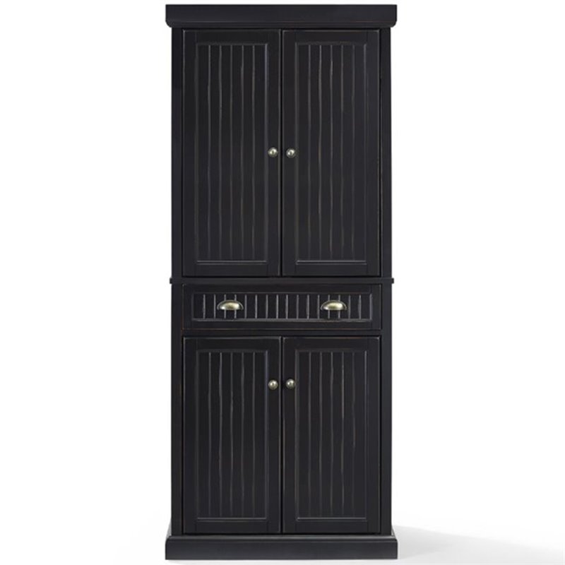 Pemberly Row Modern 4 Door Wood Coastal Pantry in Distressed Black