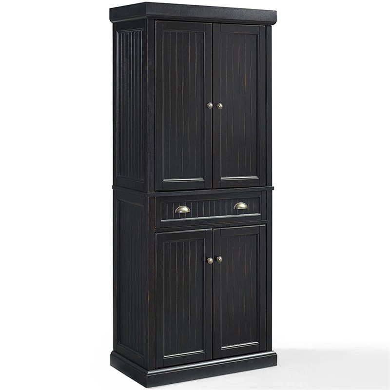 Pemberly Row Modern 4 Door Wood Coastal Pantry in Distressed Black