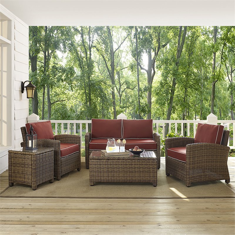 Pemberly Row Modern 5 Piece Metal Patio Sofa Set in Brown / Red