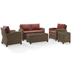 Pemberly Row Modern 5 Piece Metal Patio Sofa Set in Brown / Red