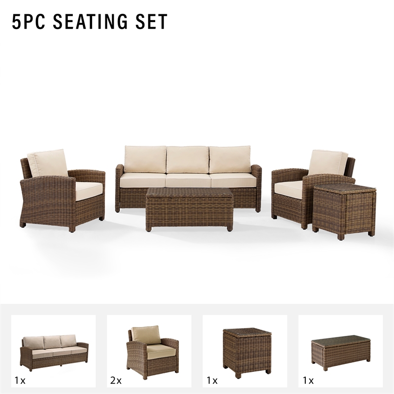 Pemberly Row 5 Piece Metal Patio Sofa Set in Weathered Brown / Sand