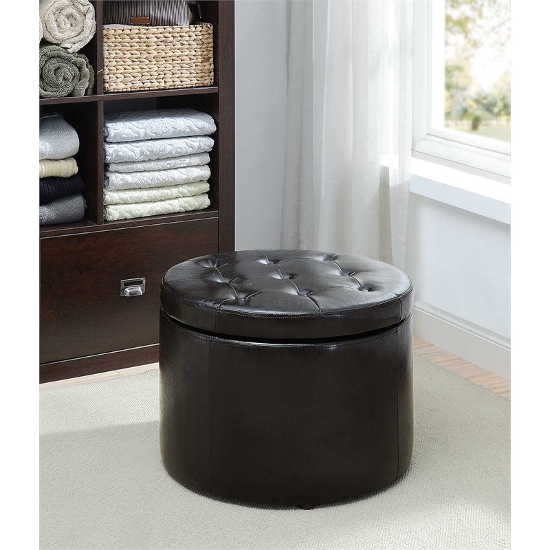 Pemberly Row Modern Round Shoe Ottoman in Black Faux Leather