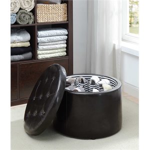 Pemberly Row Modern Round Shoe Ottoman in Black Faux Leather