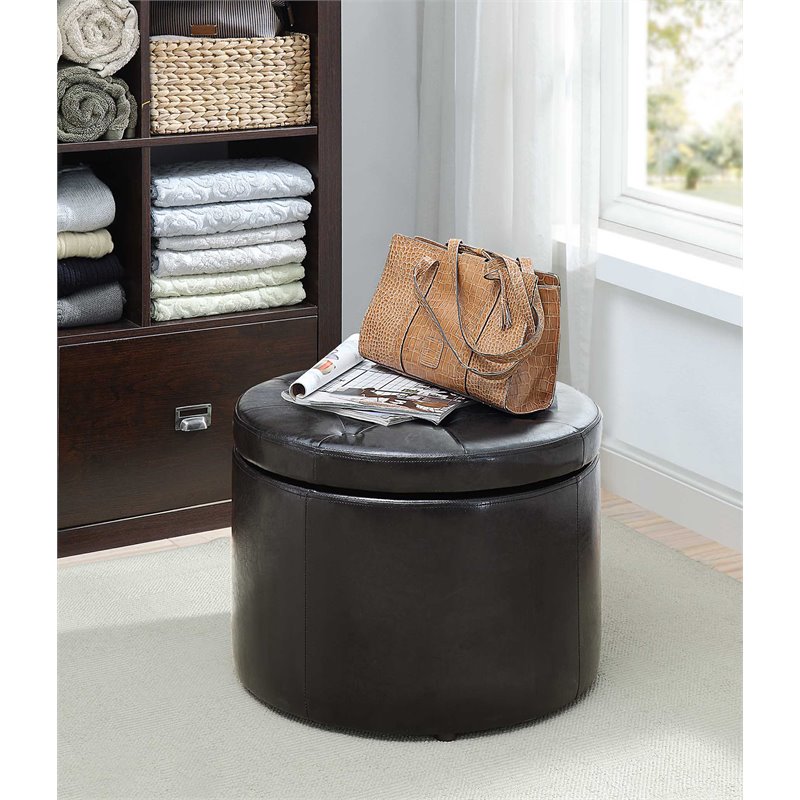 Pemberly Row Modern Round Shoe Ottoman in Black Faux Leather