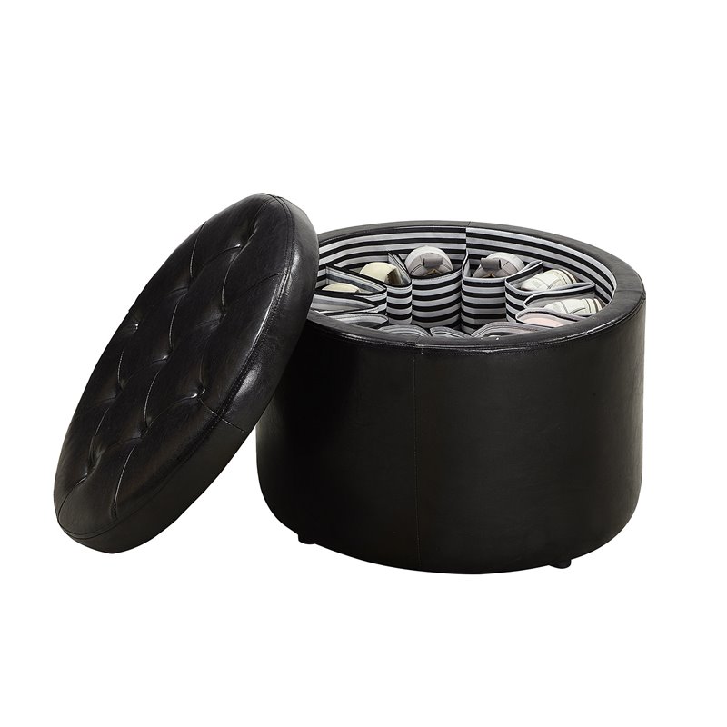 Pemberly Row Modern Round Shoe Ottoman in Black Faux Leather