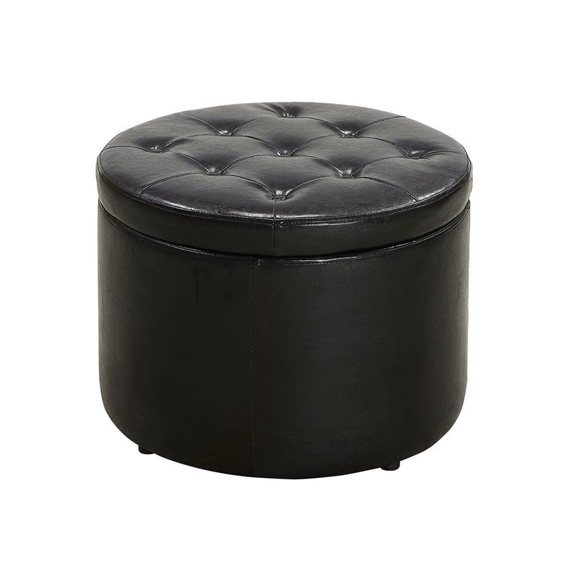 Pemberly Row Modern Round Shoe Ottoman in Black Faux Leather