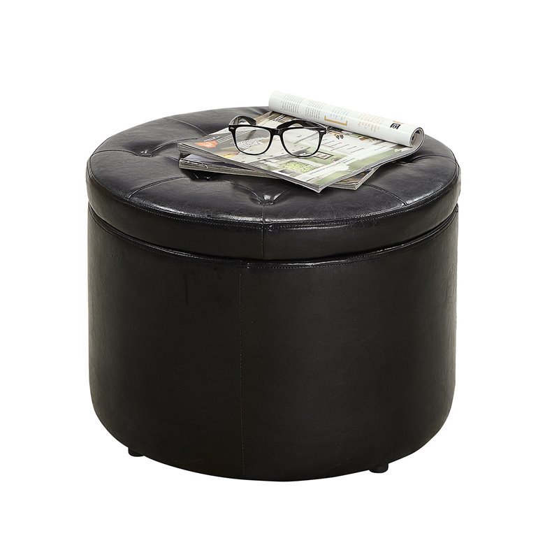 Pemberly Row Modern Round Shoe Ottoman in Black Faux Leather