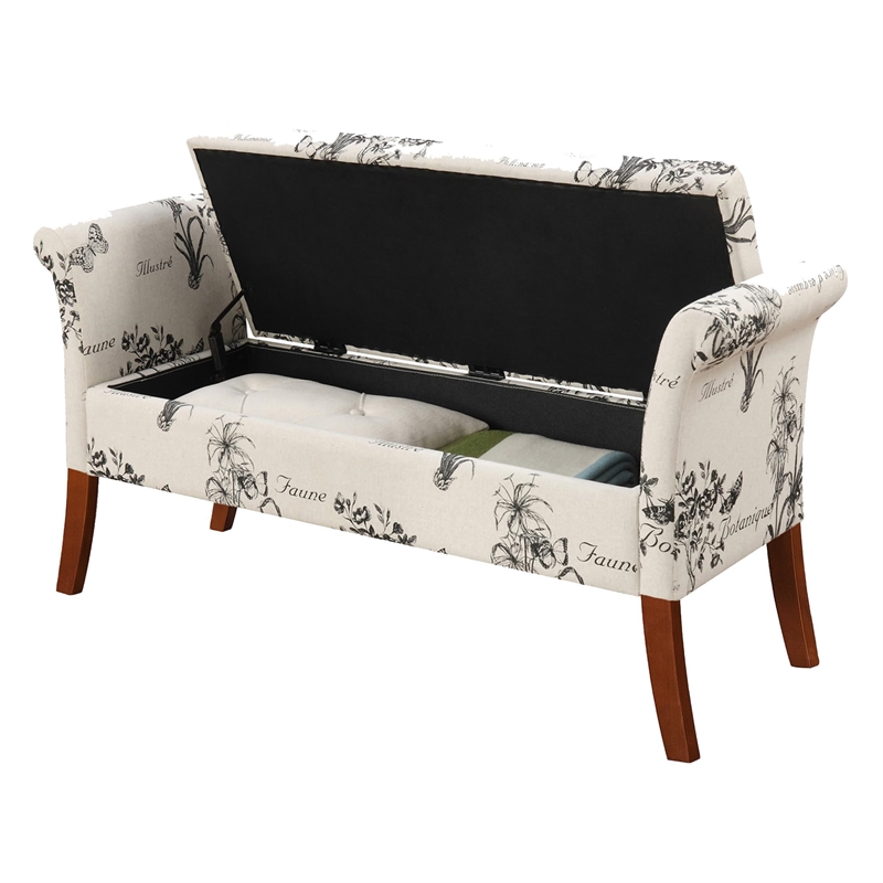 Pemberly Row Contemporary Storage Bench- Beige Botanical Fabric