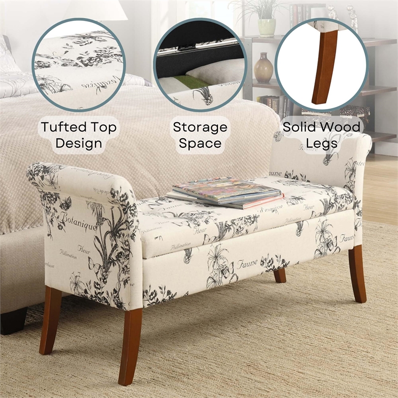 Pemberly Row Contemporary Storage Bench- Beige Botanical Fabric