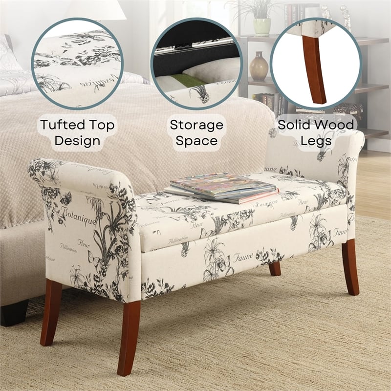 Pemberly Row Contemporary Storage Bench- Beige Botanical Fabric