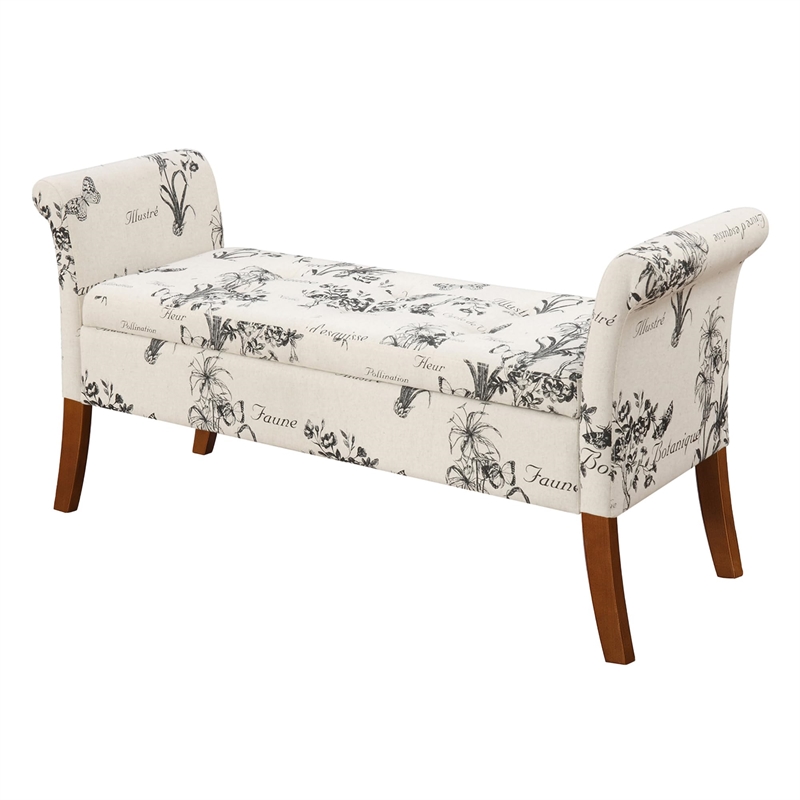 Pemberly Row Contemporary Storage Bench- Beige Botanical Fabric