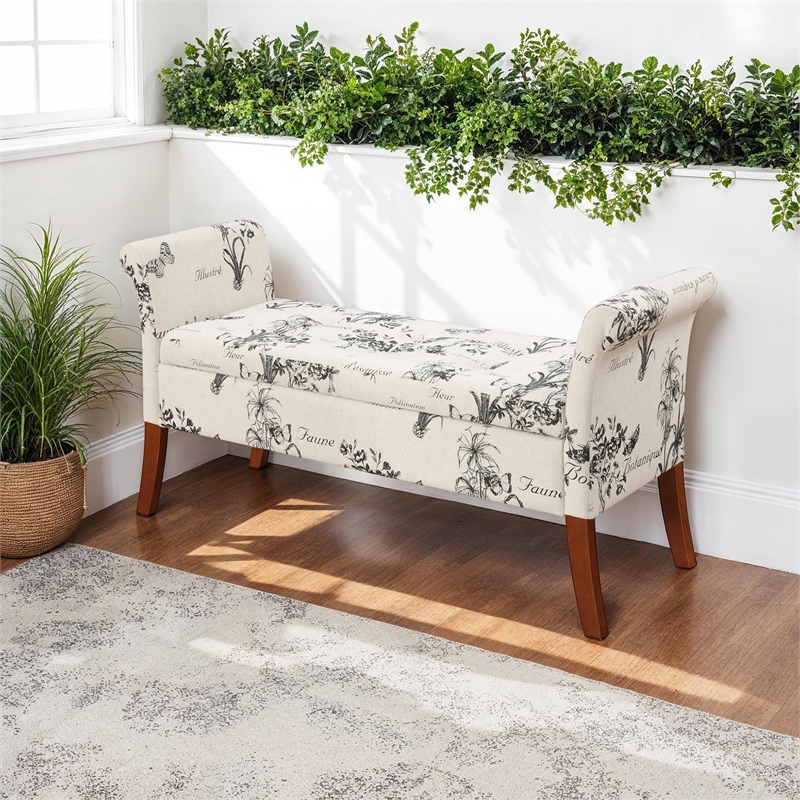 Pemberly Row Contemporary Storage Bench- Beige Botanical Fabric