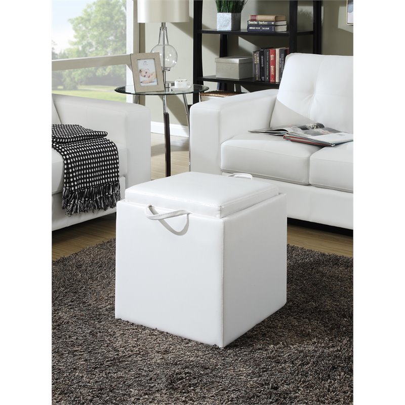 Pemberly Row Single Ottoman with Stool in White Faux Leather