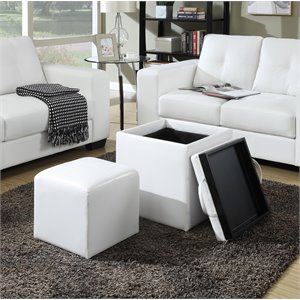 Pemberly Row Single Ottoman with Stool in White Faux Leather