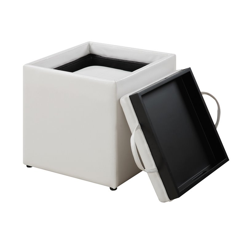 Pemberly Row Single Ottoman with Stool in White Faux Leather
