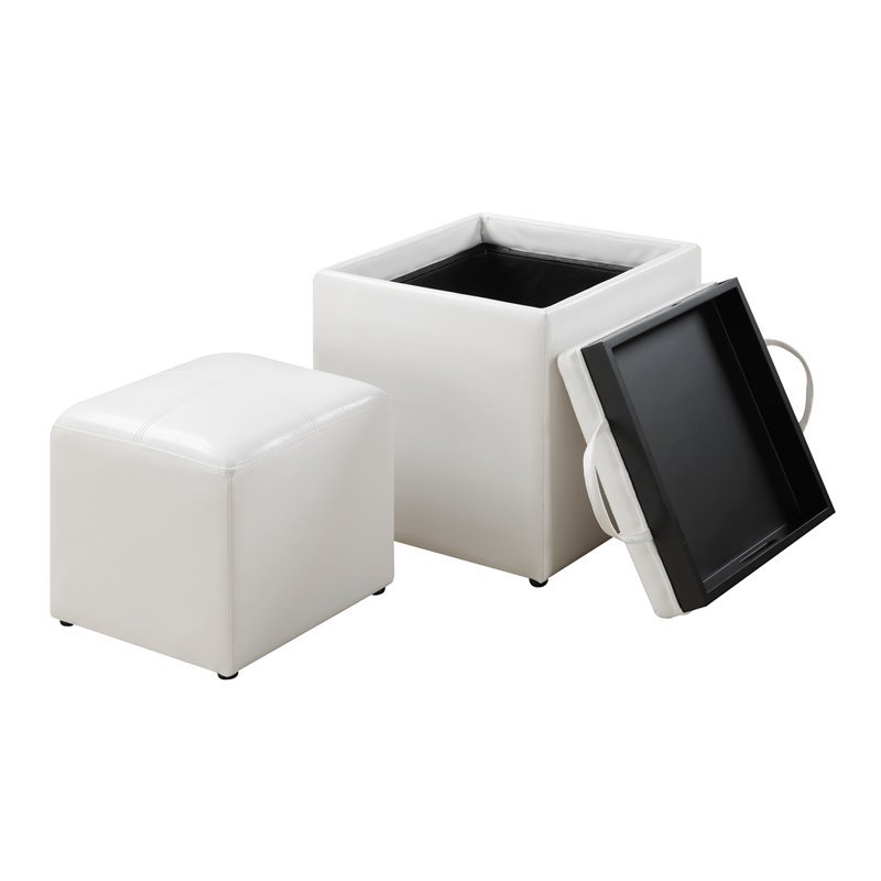 Pemberly Row Single Ottoman with Stool in White Faux Leather