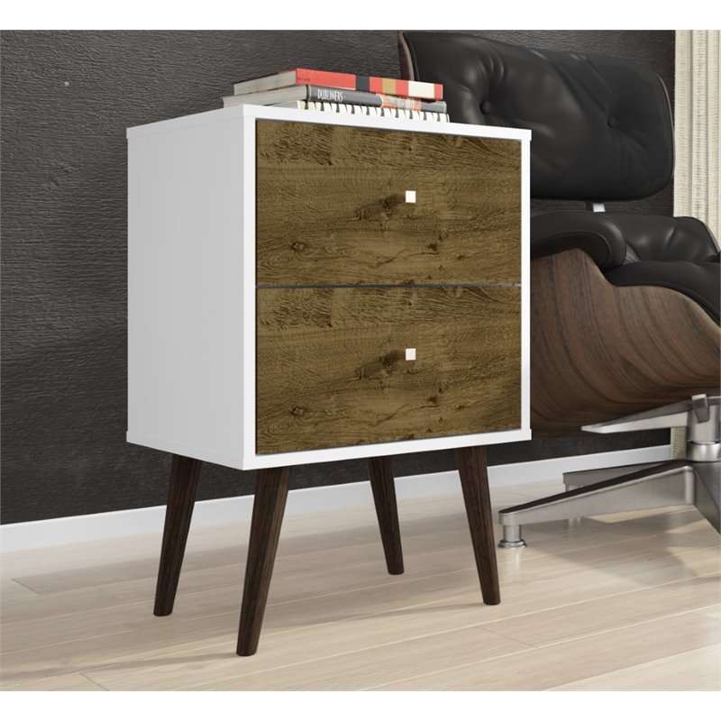 Pemberly Row 2-Drawer Solid Wood End Table in White / Rustic Brown