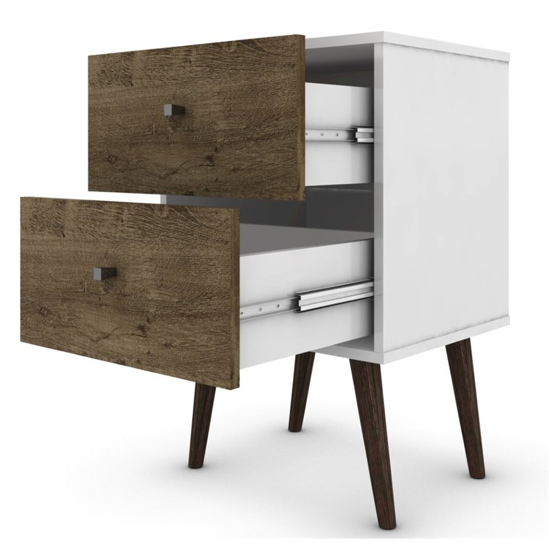 Pemberly Row 2-Drawer Solid Wood End Table in White / Rustic Brown