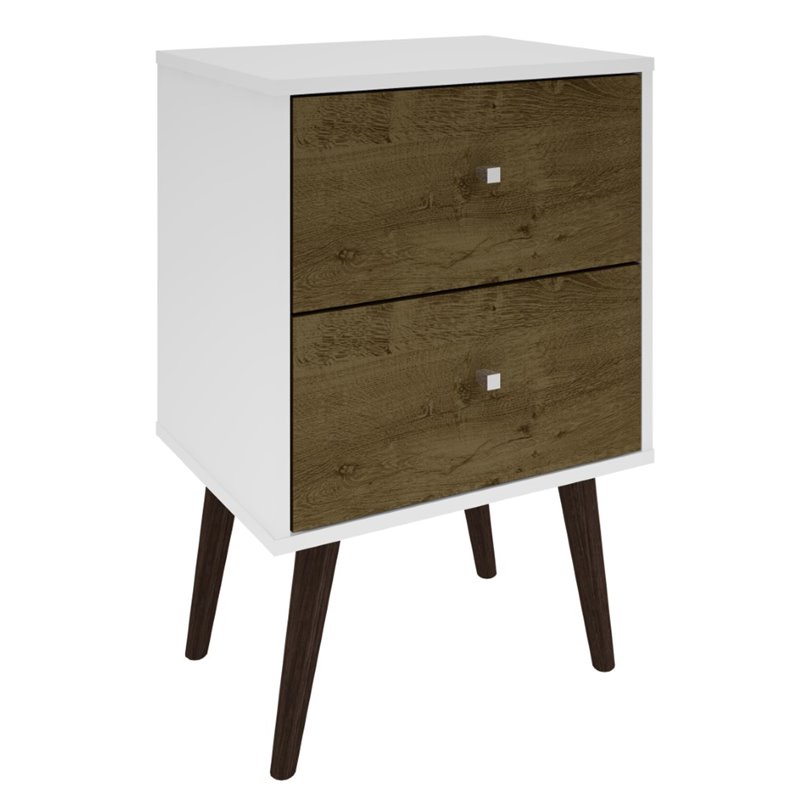 Pemberly Row 2-Drawer Solid Wood End Table in White / Rustic Brown