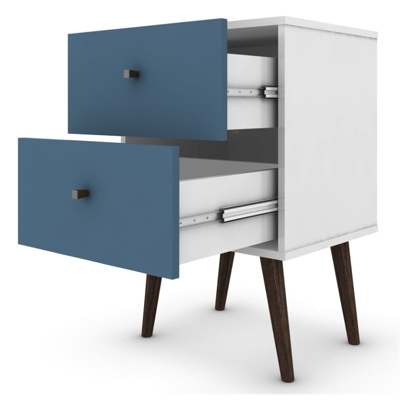 Pemberly Row 2-Drawer Solid Wood End Table in White / Aqua Blue