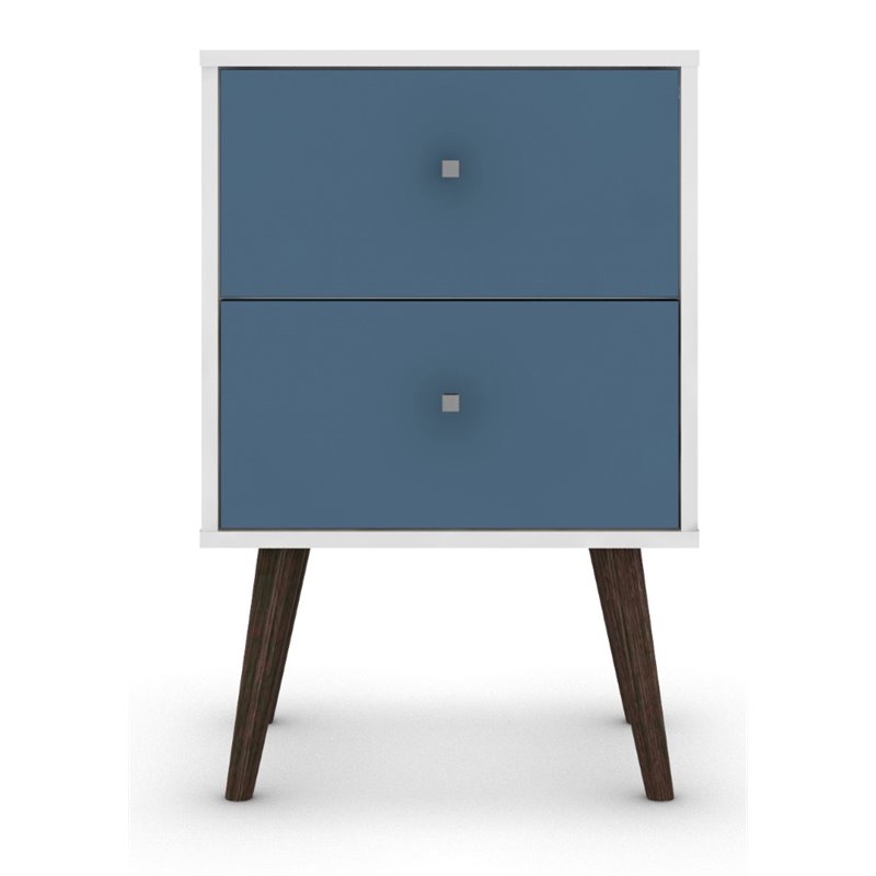 Pemberly Row 2-Drawer Solid Wood End Table in White / Aqua Blue