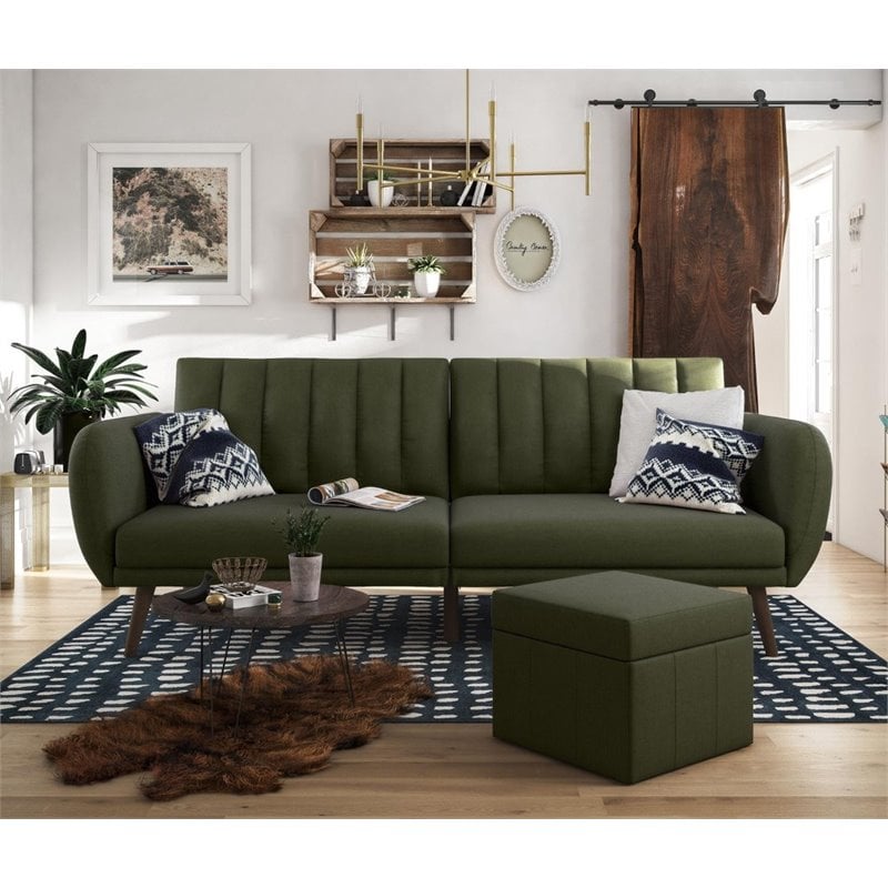 Pemberly Row Contemporary Linen Sleeper Sofa in Green Finish