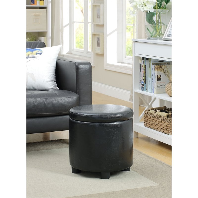 Pemberly Row Round Accent Storage Ottoman in Black Faux Leather Fabric
