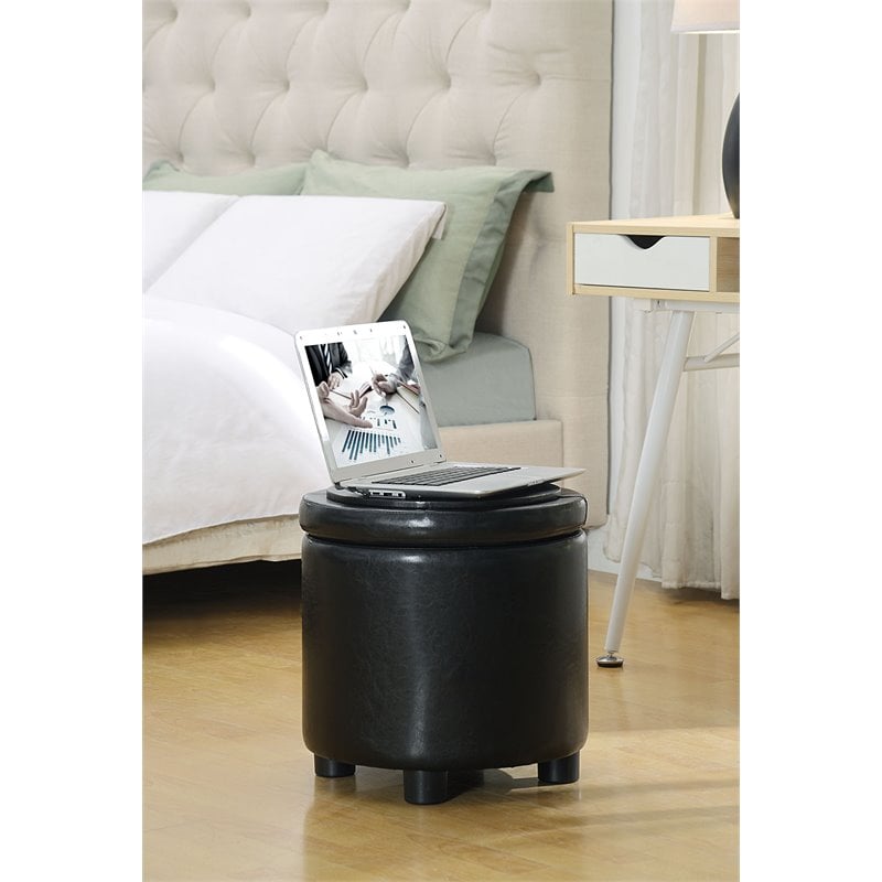 Pemberly Row Round Accent Storage Ottoman in Black Faux Leather Fabric