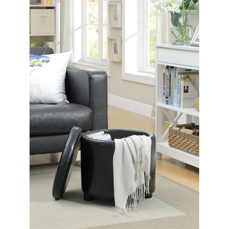 Pemberly Row Round Accent Storage Ottoman in Black Faux Leather Fabric