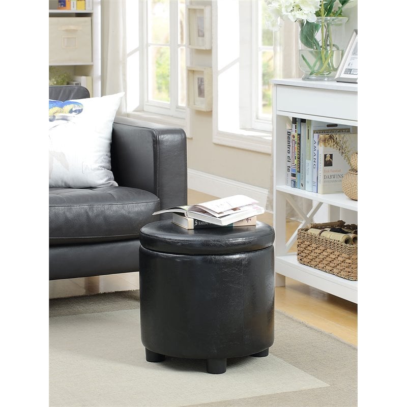 Pemberly Row Round Accent Storage Ottoman in Black Faux Leather Fabric