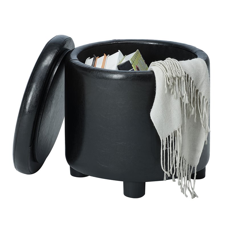 Pemberly Row Round Accent Storage Ottoman in Black Faux Leather Fabric