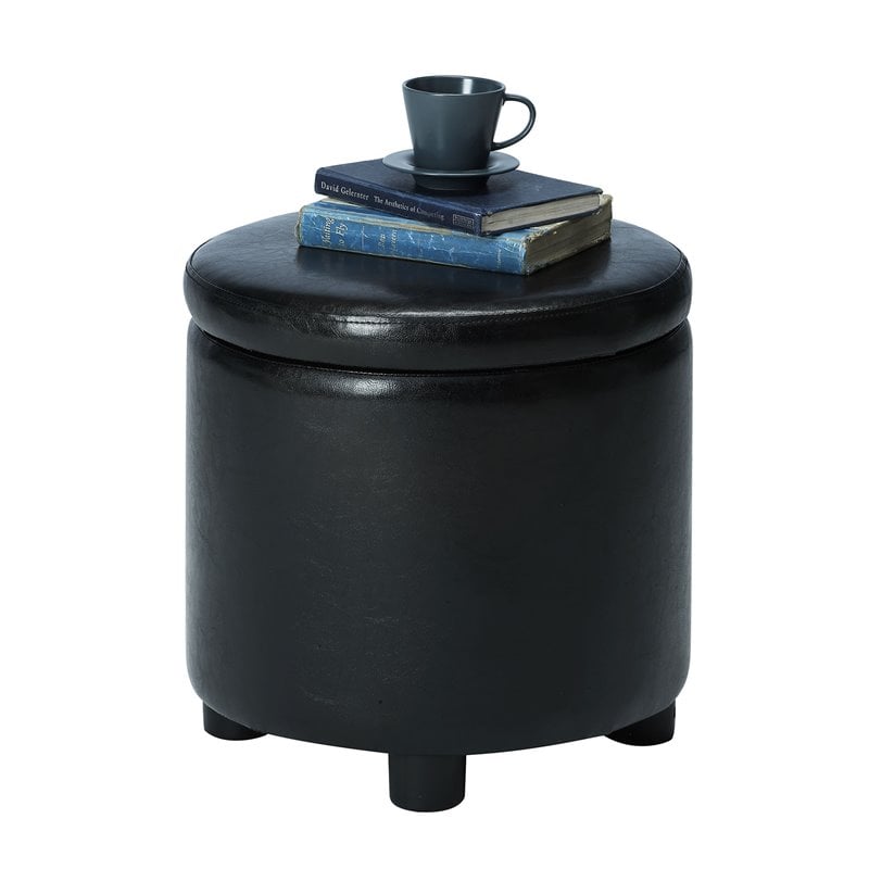 Pemberly Row Round Accent Storage Ottoman in Black Faux Leather Fabric