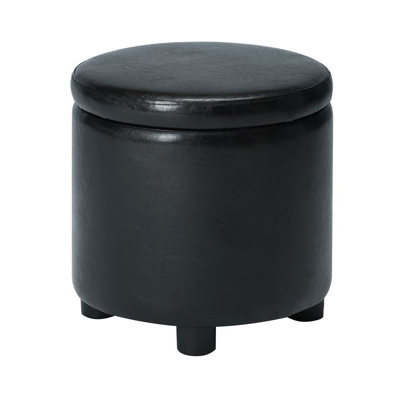 Pemberly Row Round Accent Storage Ottoman in Black Faux Leather Fabric